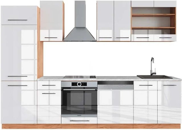 Vicco Fame-Line Küchenzeile Weiß Hochglanz und Goldkraft Eiche mit Marmor-Optik, Breite: 300 cm - Bild 1