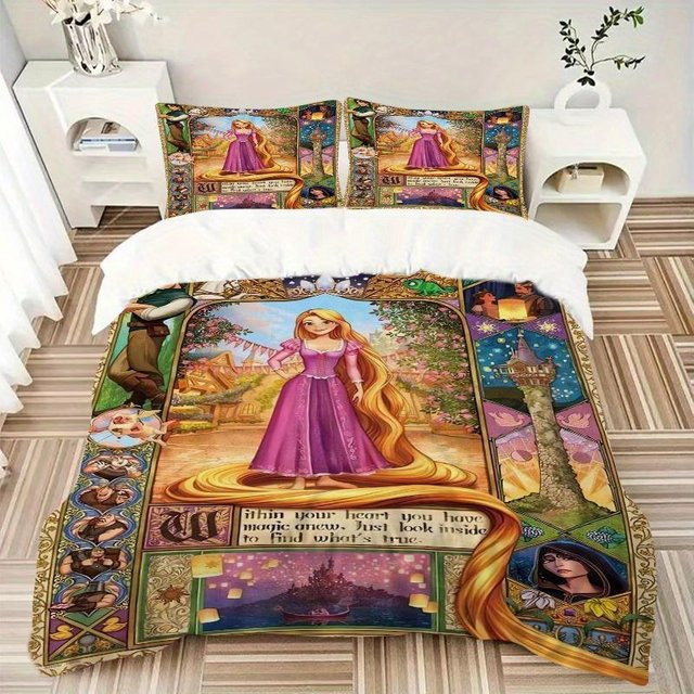 3-teiliges Cartoon-Bettwäscheset mit Rapunzel-Motiv in Multicolour, weiches Polyester-Bettwäscheset bestehend aus Bettbezug und Kissenbezügen, B/T: 220 x 240 cm - Bild 1