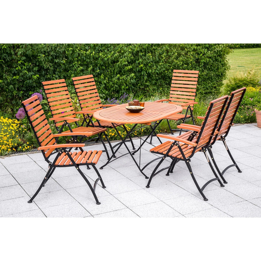 Merxx Gartenmöbelset Schlossgarten 7-teilig aus Eukalyptusholz und Flachstahl, oval, schwarz, Tisch B: 140 cm, T: 90 cm, H: 109 cm - Bild 3