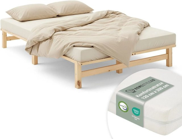 Homestyle4u Palettenbett aus Massiv Kiefernholz in Natur mit Matratze B/T/H: 120 x 200 cm - Bild 1