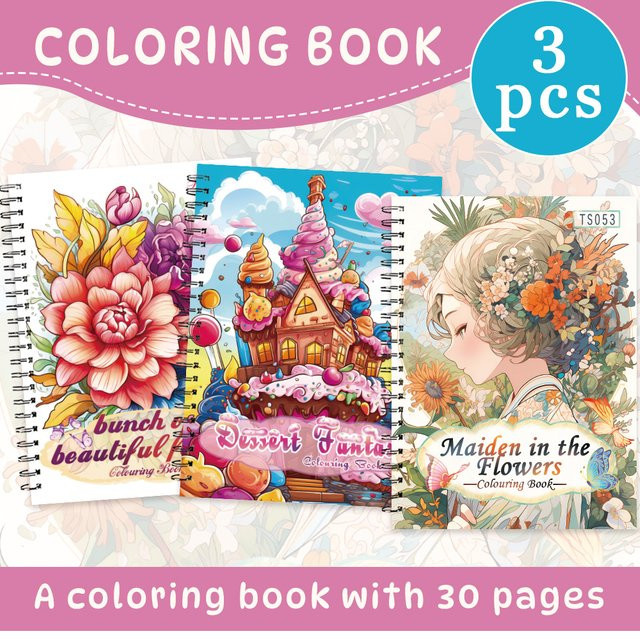 3-teiliges Freizeit-Malbuch-Set für Erwachsene mit Cartoon-Blumen, Desserts und Mädchen-Mustern, 30 Seiten, spiralgebunden, mehrfarbig - Bild 1