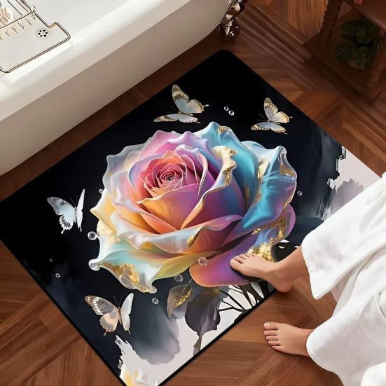 3D Rose Badezimmerteppich mit Schmetterlings-Design, rutschfester und saugfähiger Fußmatte aus Polyesterfaser, Mehrfarbig, Breite: 40 cm, Länge: 60 cm - Bild 2