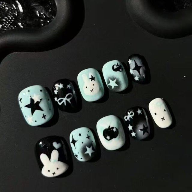Stylebon Künstliche Nägel, 30 Stück, Eckig, Mintgrün Schwarz Rauchgrau, Glänzend - Bild 1