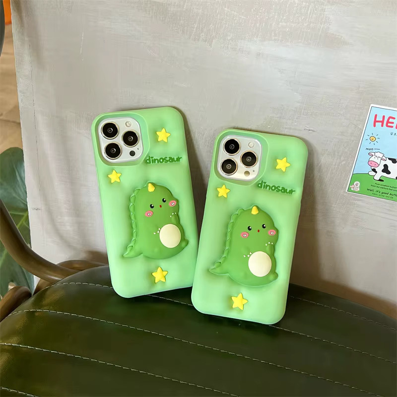 MUQGEW Silikon Handyhülle mit Kawaii Cartoon Dinosaurier für iPhone 12 bis 17 Pro Max, stoßfest und zur Stressbewältigung, Farbe: Grün - Bild 5
