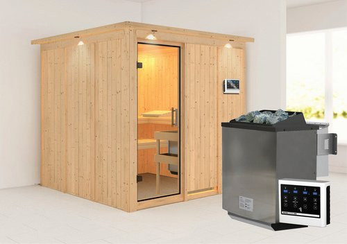 Karibu Sauna Valga aus Fichtenholz in Beige für 4 Personen inklusive 9 kW Bio-Kombi-Saunaofen mit externer Steuerung, B/T/H: 210 x 202 x 210 cm - Bild 1