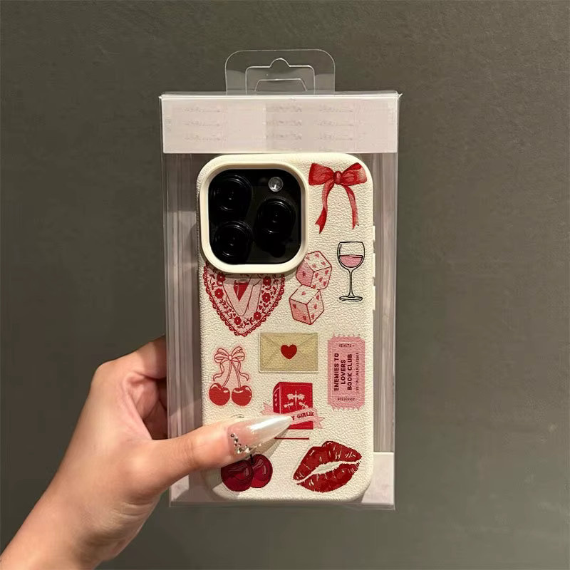 Handyhülle mit Collagen-Muster und Lychee-Struktur für Apple iPhone 17, 16, 15 Pro Max Plus Series in Rot und Beige - Bild 3