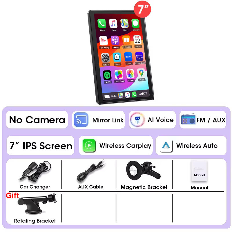 Jansite Tragbarer Carplay Bildschirm mit Bluetooth und GPS, Kabelloses Android Auto Autoradio in Schwarz mit magnetischer Halterung und drehbarem Display - Bild 9