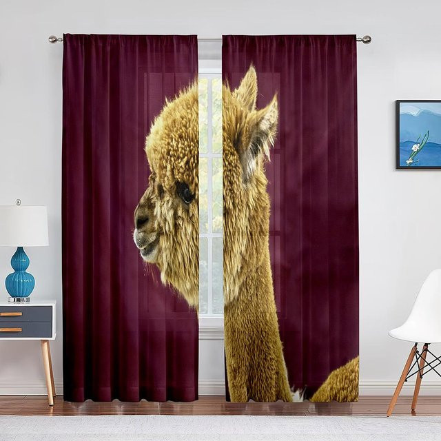 Transparenter Tüllvorhang mit Lama Alpaka Motiv in Lila, Chiffon-Fensterdekoration mit Ösen, Breite: 100 cm, Höhe: 250 cm - Bild 1