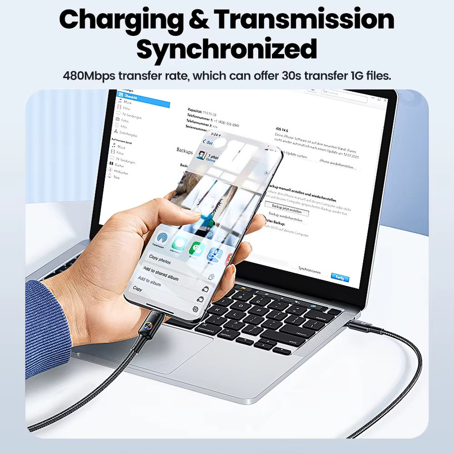 Toocki USB C zu USB C Schnellladekabel 100W mit LED-Anzeige in Schwarz - Bild 5