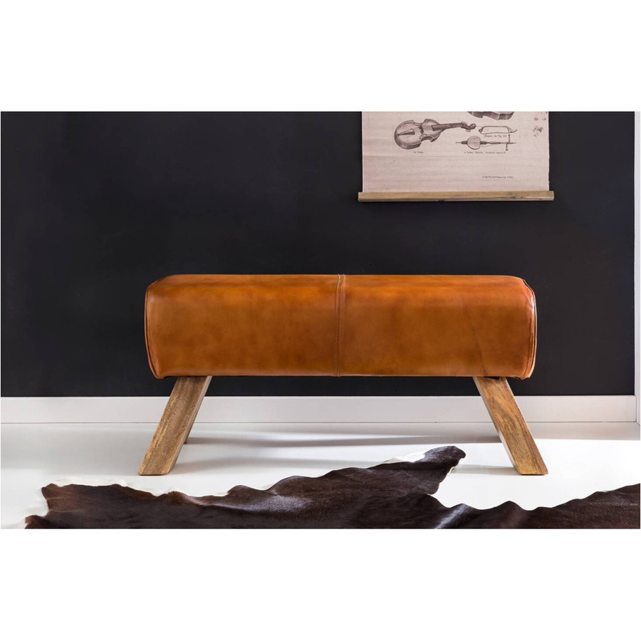 Wohnling Sitzbank aus braunem Echtleder und Mangoholz B/H/T: 90 x 43 x 30 cm - Bild 3