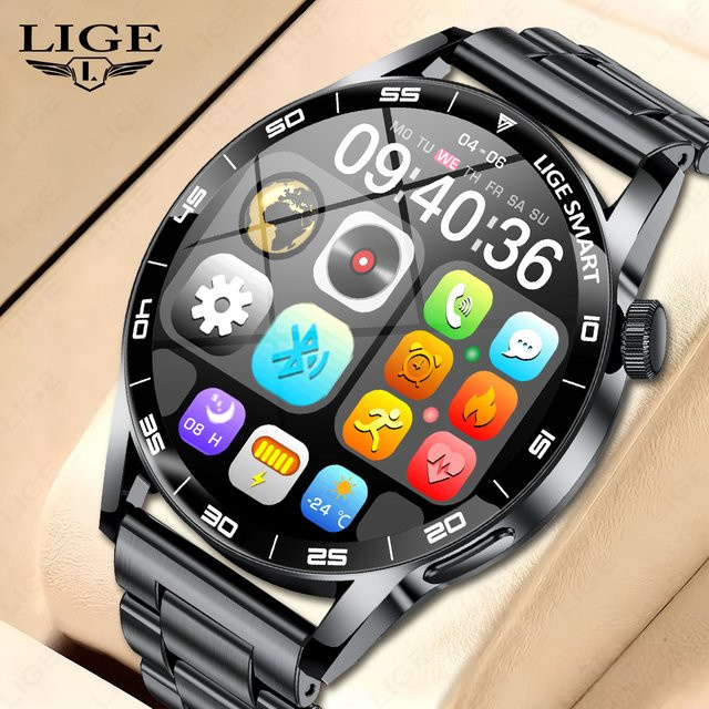 LIGE Smartwatch für Damen und Herren in Schwarz mit HD-Bildschirm, Herzfrequenzmessung, Bluetooth-Anruffunktion und Wasserdichtigkeit - Bild 1