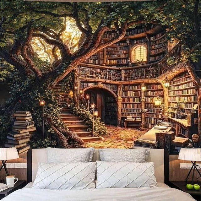 Waldbibliothek Wandteppich mit Baum und Bücherregal im Vintage Fantasy Design von JMG Household Supplies, Mehrfarbig, Breite: 150 cm, Höhe: 180 cm - Bild 1