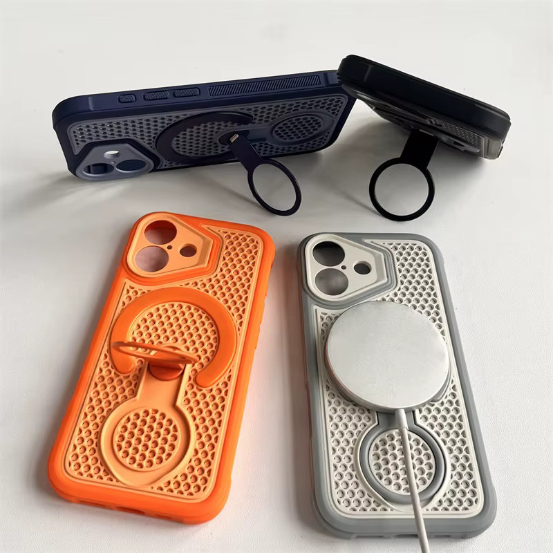 SUNWARD MagSafe Handyhülle mit magnetischem 360 Grad Ringständer und Wärmeableitungs-Netzgehäuse für iPhone, Orange - Bild 4