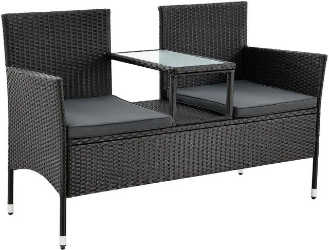 Juskys Polyrattan Gartenbank Monaco 2-Sitzer mit Tisch und Kissen in Schwarz und Grau, B/T/H: 133 x 63 x 84 cm - Bild 2
