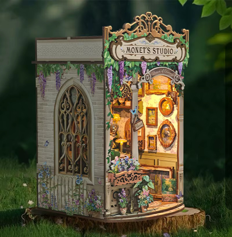 ELEVEN-CUTE Monet's Studio Buch Nook Regal Einsatz Kit, Miniatur Modell Kit, mit Licht, Holz - Bild 2