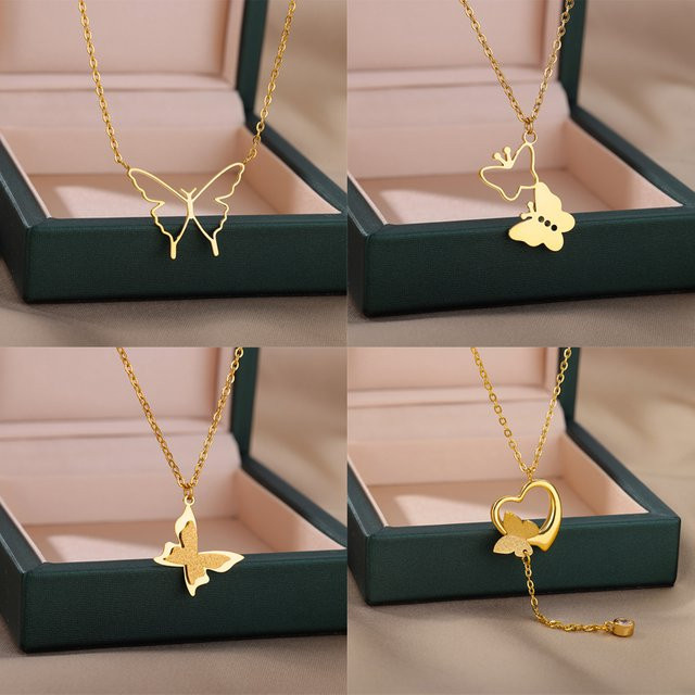 Halskette Edelstahl, Gold, Schmetterling und Herz, Damen - Bild 1