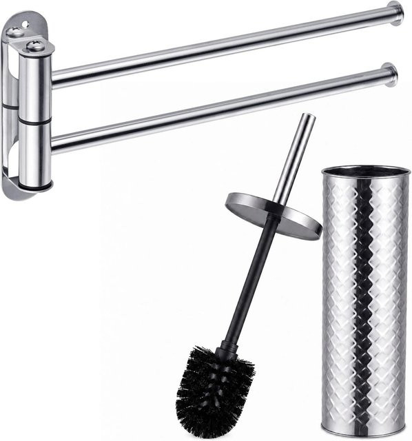 Relaxdays Badezimmer Set 2-teilig aus Edelstahl und Kunststoff in Silber, wandmontiert und schwenkbar, B/T/H: 38 x 9,5 x 3 cm und 14 x 32,5 x 3 cm - Bild 1