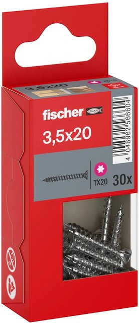 Fischer PowerFast II A2 Senkkopf TX Vollgewinde Holzschraube aus Edelstahl in Silber, Durchmesser: 3,5 mm, Länge: 20 mm, 30 Stück - Bild 1