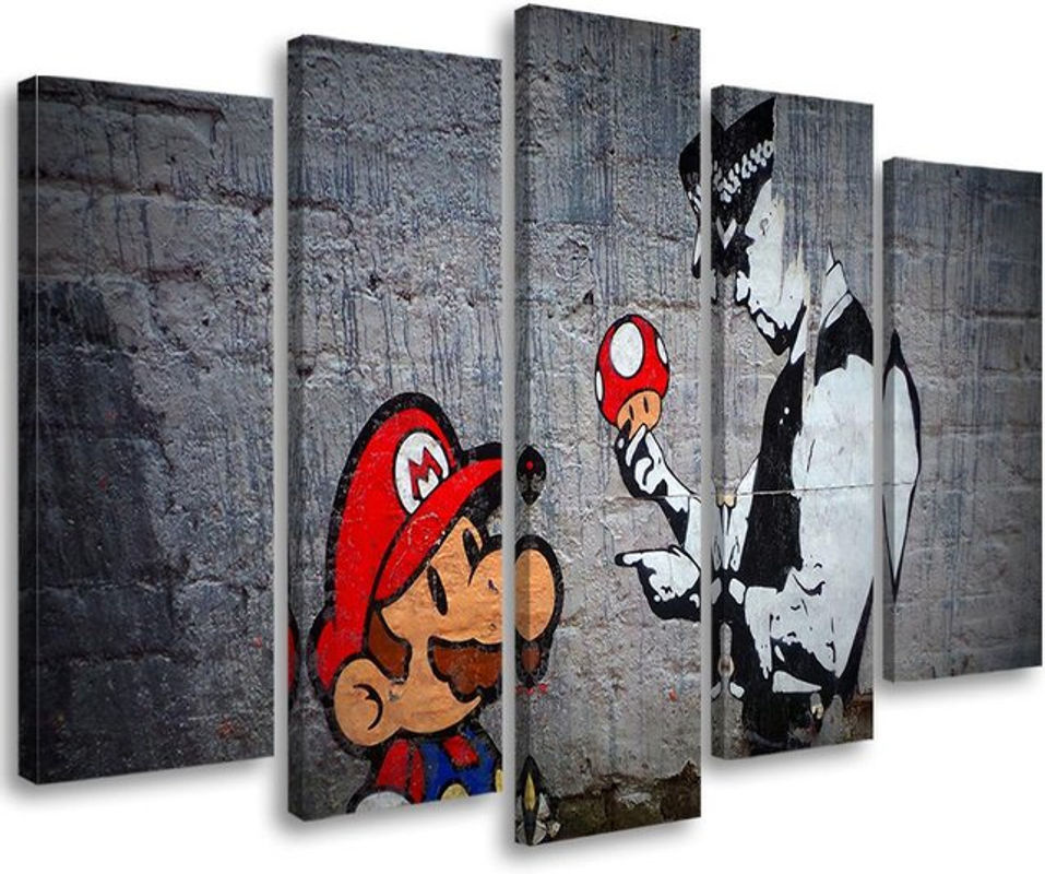 Fünfteiliger Leinwanddruck Feeby Banksy Mario Graffiti in Grau und Mehrfarbig, B: 100 cm, H: 70 cm - Bild 3