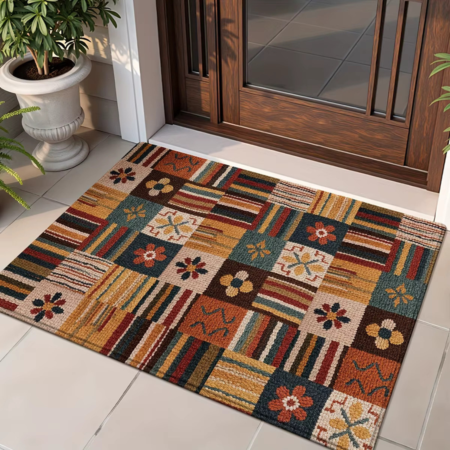 VIKAMA Vintage Bodenmatte mit Karomuster in Multicolour, rechteckiger Teppich für den Eingangsbereich, B/T: 60 x 40 cm - Bild 4