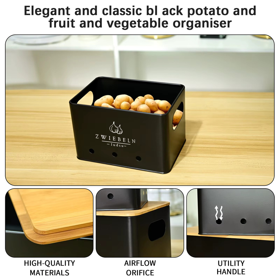 SAEIV 3-teiliges Metall-Kartoffelbox-Set mit Bambusdeckel in Schwarz oder Weiß, stapelbare Aufbewahrungsboxen für Kartoffeln, Zwiebeln und Knoblauch mit Lüftungslöchern - Bild 2