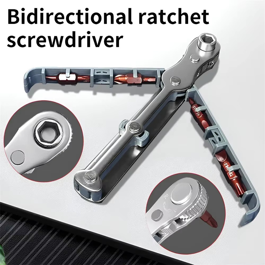 Rechtwinkliger Offset-Ratschenschlüssel mit bidirektionaler Rotation und Bit-Set für Kreuz, Torx und Sechskant in Silber - Bild 4