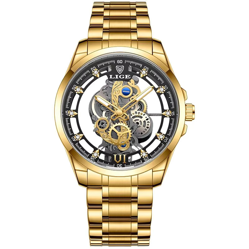 LIGE Armbanduhr Skeleton, Quarz, Gold, Edelstahl, Herren - Bild 6