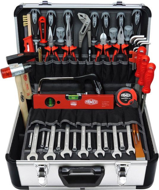 Famex Profi Werkzeugkoffer 440-93 aus Aluminium mit Werkzeugset inklusive Schraubendreher, Zangen, Wasserwaage und Hammer - Bild 1