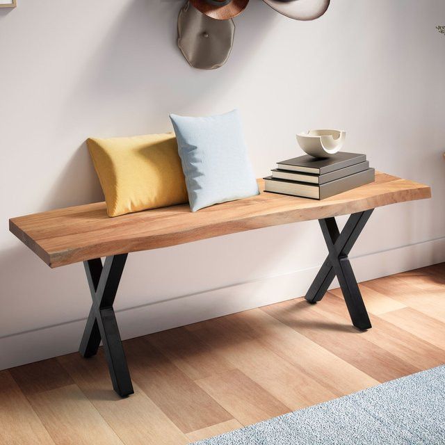 FineBuy Garderobenbank aus Akazie Massivholz mit Baumkante und Metallgestell im modernen Design, B/T/H: 120 x 40 x 40 cm - Bild 1