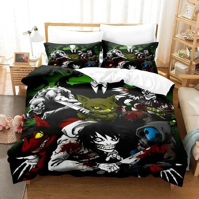 Jeff und Jane Creepypasta Bettwäsche-Set mit 3D-Anime-Print, 2-teiliges Set aus Mikrofaser für Erwachsene und Kinder, Mehrfarbig, Breite: 70 cm, Länge: 133 cm - Bild 1