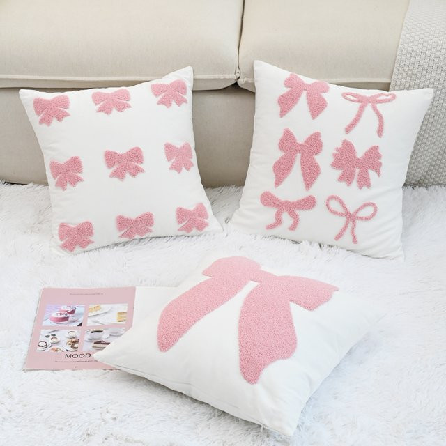 BUYNOW Kissenbezug mit rosa Schleifenstickerei im Prinzessinnen-Stil für Schlafzimmer und Wohnzimmer - Bild 1
