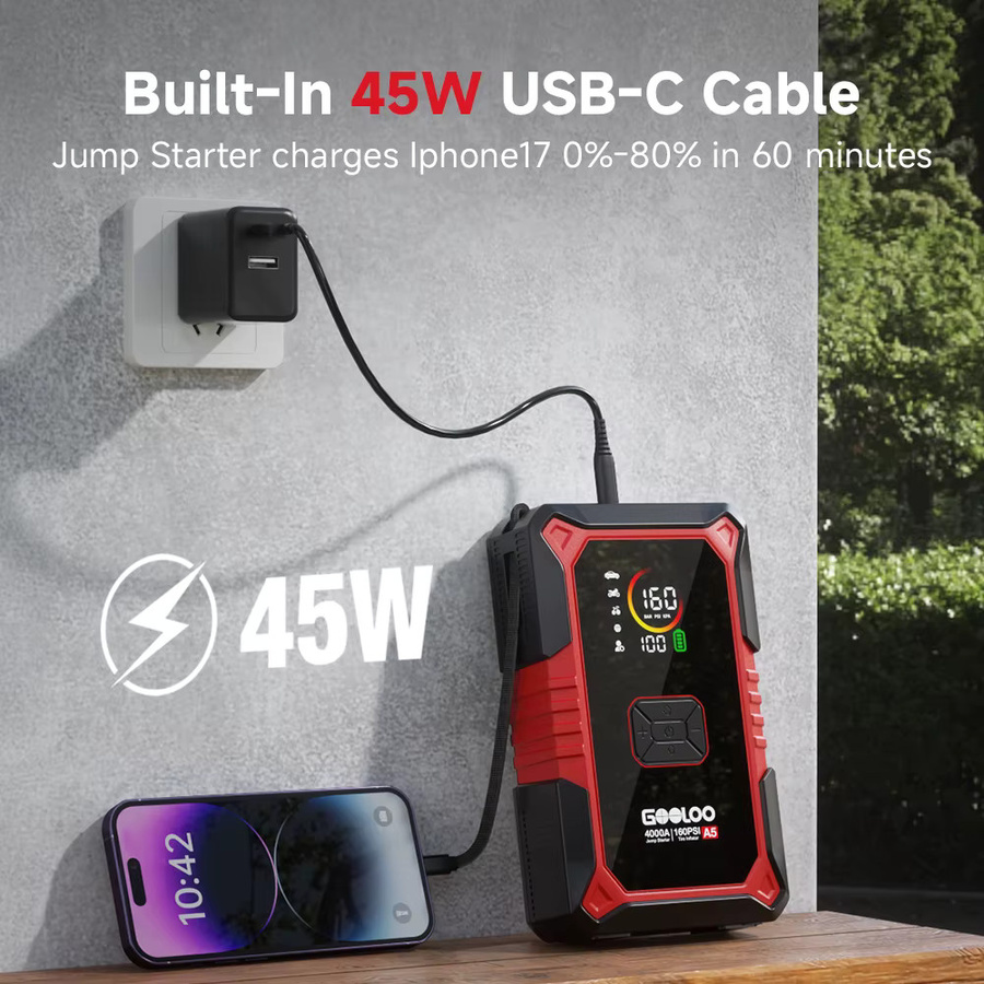 GOOLOO A5 Tragbare Auto-Starthilfe-Powerbank mit 160PSI Luftpumpe und 4000A Batterie-Booster für 12V Fahrzeuge in Schwarz - Bild 4