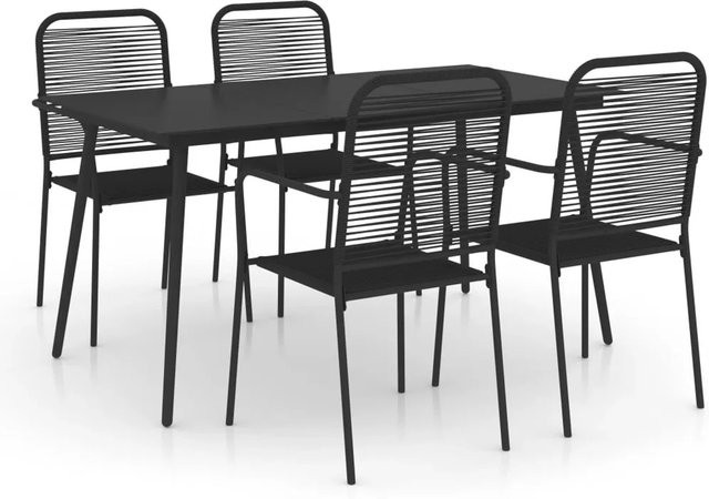 vidaXL 5-tlg Garten-Essgruppe aus Baumwollseil und pulverbeschichtetem Stahl in Schwarz mit Glastisch - Bild 1