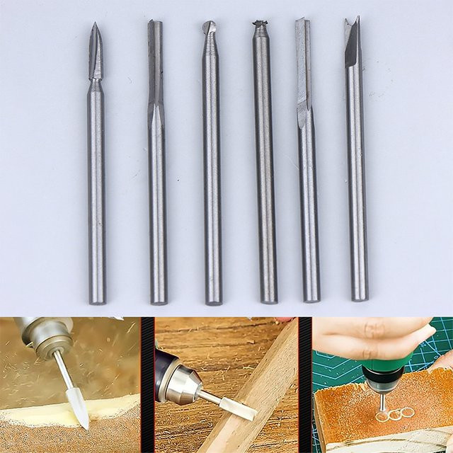 HUXUAN 5/6-teiliges Holzschnitz-Bohrer-Set in Silber mit 3mm Schaft für Dremel Rotationswerkzeuge, Gravur- und Fräsbit für Holzbearbeitung und Handwerk - Bild 1