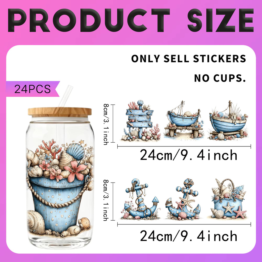 24er Set Aquarell-Aufkleber im nautischen Stil für 16oz Glaswasserflaschen, UV-DTF DIY-Transferaufkleber, Mehrfarbig - Bild 2