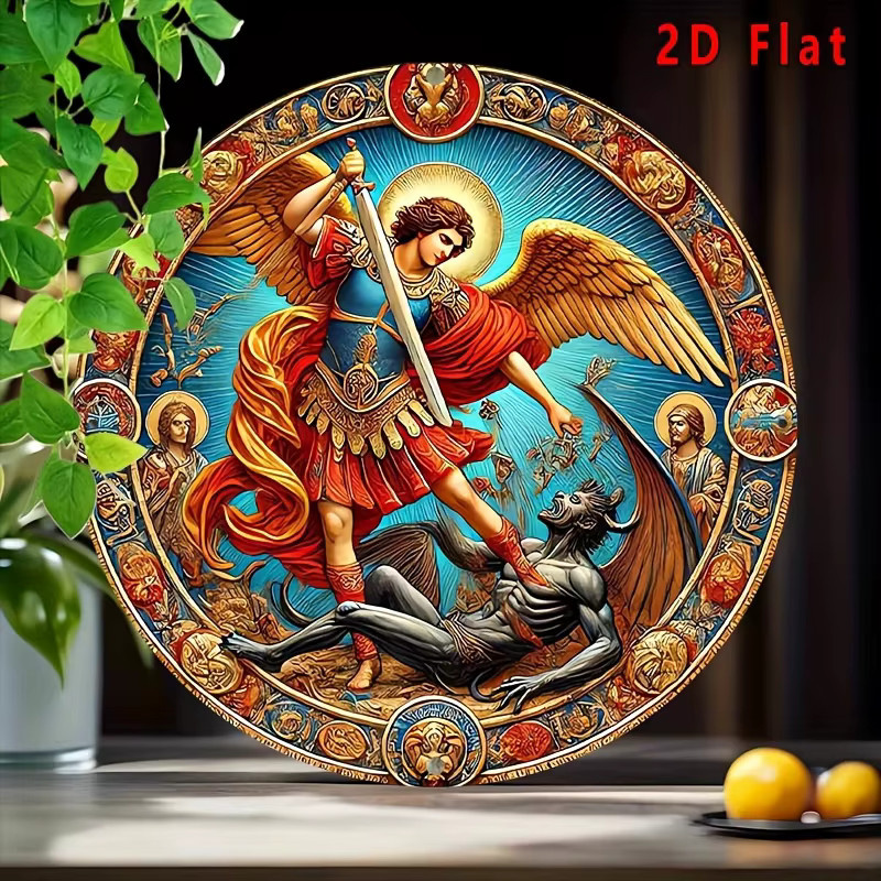Potdemiel Metallwandkunst Archangel Michael Defeats the Demon Vintage Rund Aluminium-Blechschild Mehrfarbig Durchmesser: 20,32 cm - Bild 2