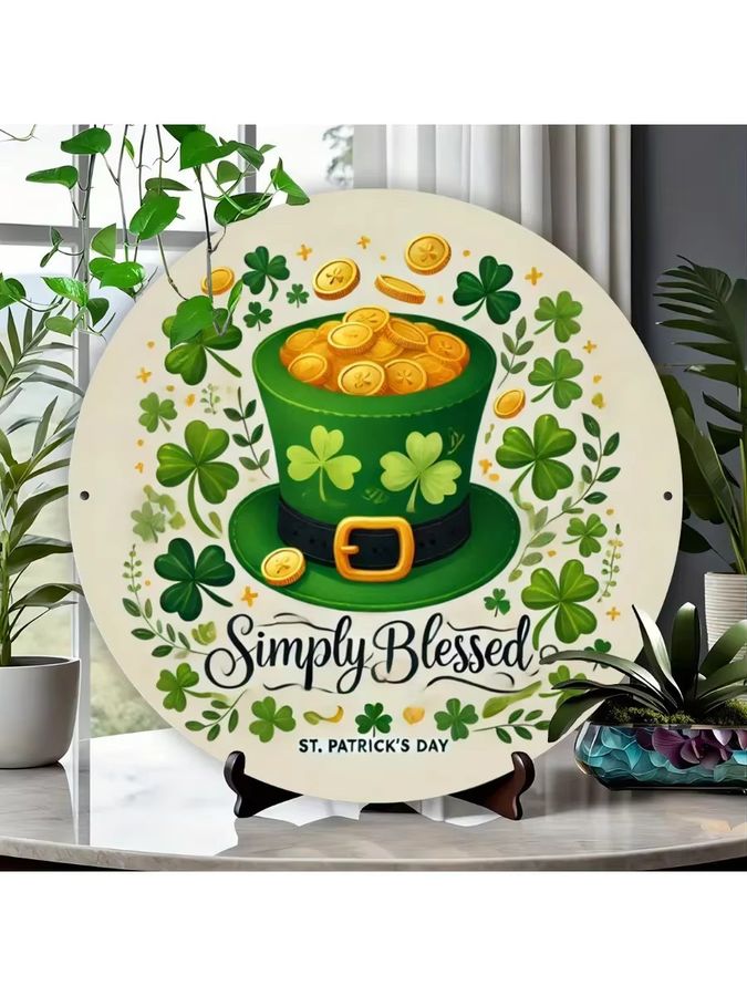 Simply Blessed Garden Art Wanddekoration aus Metall für St. Patrick's Day, rundes Eisen-Schild mit Koboldhut und Kleeblatt, Grün, Durchmesser: 20,32 cm - Bild 7