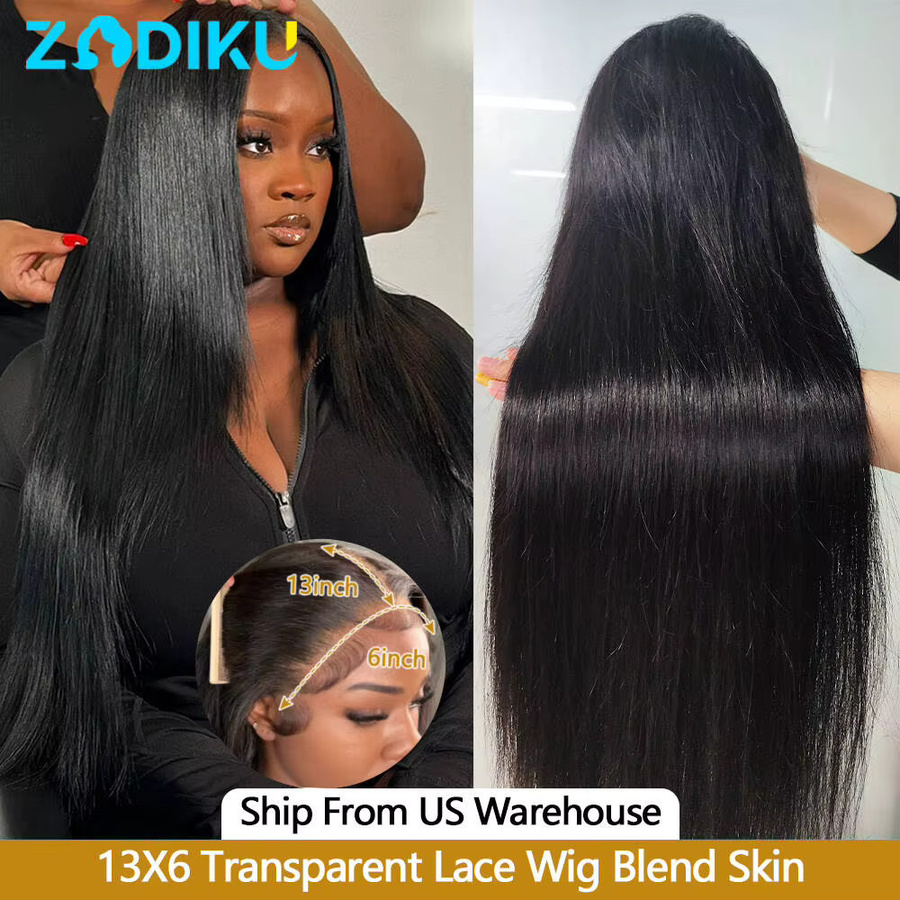 ZIDIKU Echthaarperücke, Transparent Lace Front, Seidig Glatt, Naturschwarz - Bild 8