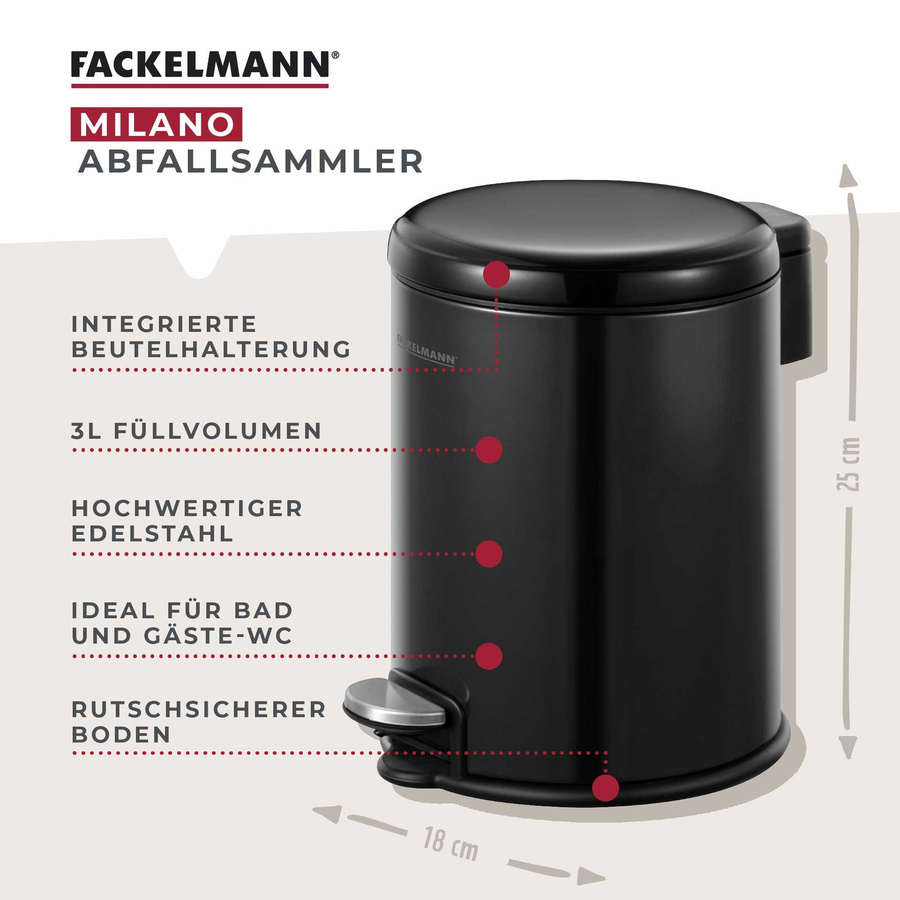 Fackelmann Mülleimer Milano mit Pedal, schwarz, 3L, B: 17,7 cm, T: 17,7 cm, H: 25,4 cm - Bild 3
