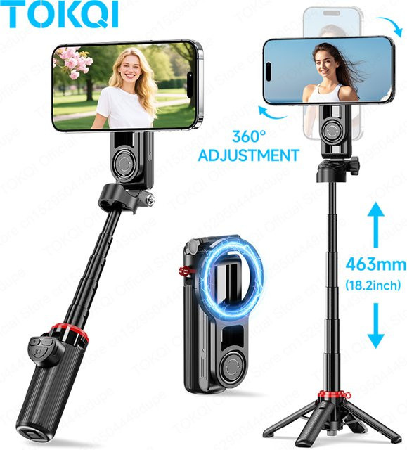 TOKQI Magnetischer Handyhalter Mini-Selfie-Stick mit 360 Grad Einstellung und Bluetooth Fernbedienung für iPhone und Android in Schwarz - Bild 1