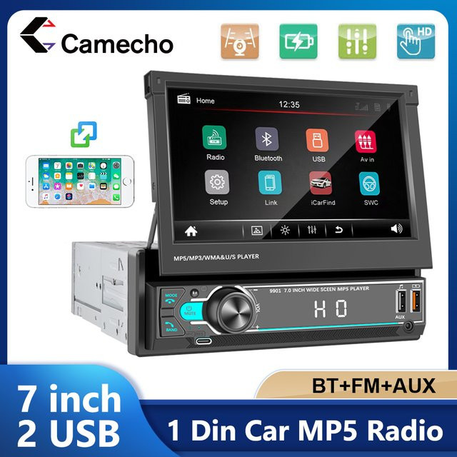 Camecho 1 Din Autoradio mit 7 Zoll ausfahrbarem Screen, MP5 Multimedia Player, Bluetooth, Mirrorlink, USB/Typ-C und AUX in Schwarz - Bild 1