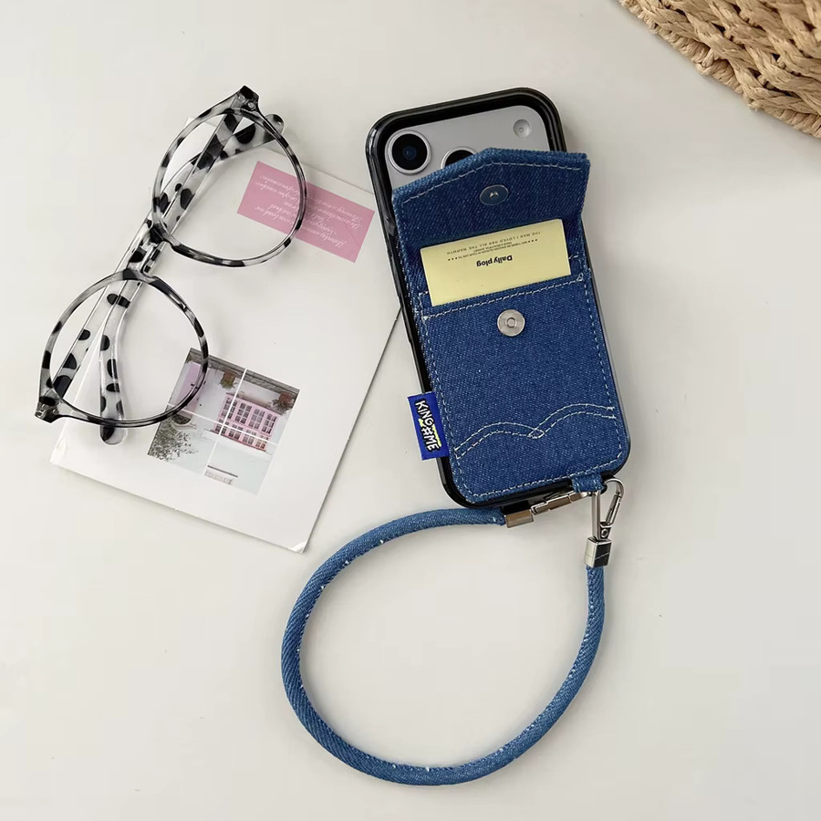 Stoßfeste Retro-Kartenhülle aus Denim-Blau mit Umhängeband für iPhone 17, 16, 15 und 14 Pro Max - Bild 2