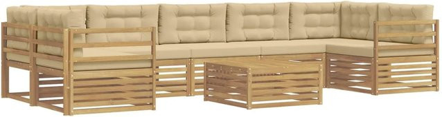 vidaXL Outdoor-Sofagarnitur aus Massivholz Akazie in L-Form mit Polstern, 8-teiliges Set in Weiß und Beige - Bild 1