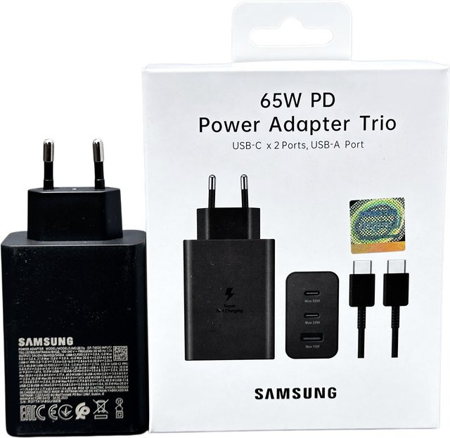 Samsung 65W Ladegerät mit 3 USB-Ports in Schwarz für Galaxy S26 S25 Ultra Plus S24 S23 S22 und Z Flip Serie inklusive 5A Kabel - Bild 1