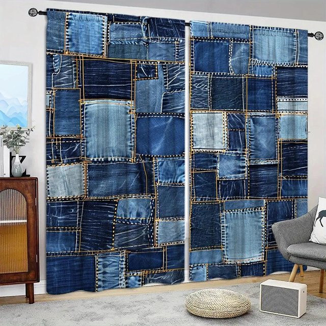 2er-Set Jeans Patchwork Vorhang mit Grafikprint in Blau, halbtransparent, B: 107 cm, H: 213 cm - Bild 1