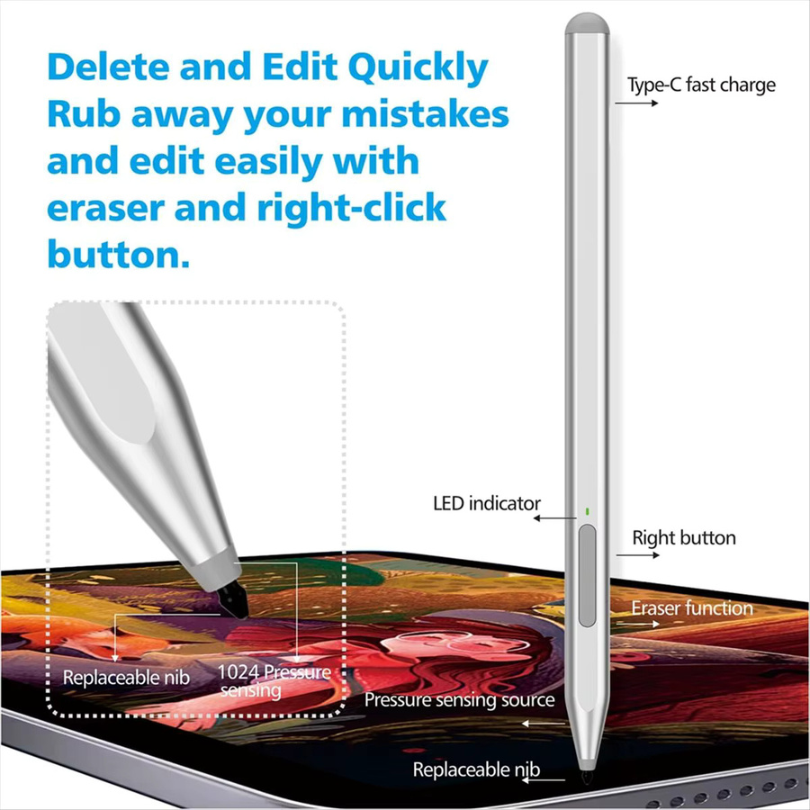 ABGQ Stylus-Stift für Microsoft Surface Go und Surface Pro 9/8/7/6/5/X mit MPP 2.0 Technologie und Radiergummi in Silber - Bild 4