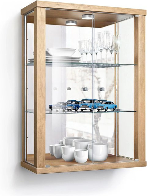 Wandvitrine K-Möbel aus Buche mit LED-Beleuchtung, Spiegel und ESG-Glasböden, B/H/T: 80 x 60 x 25 cm - Bild 1