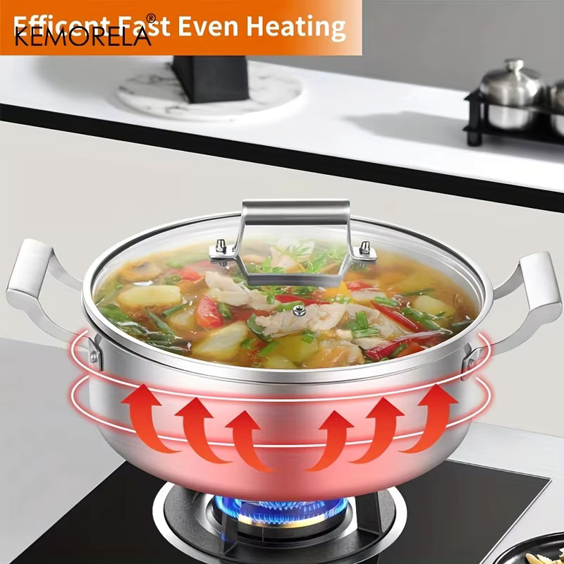 KEMORELA Hot Pot Suppentopf aus Edelstahl 304 mit Glasdeckel und Doppelgriff, Silber - Bild 2