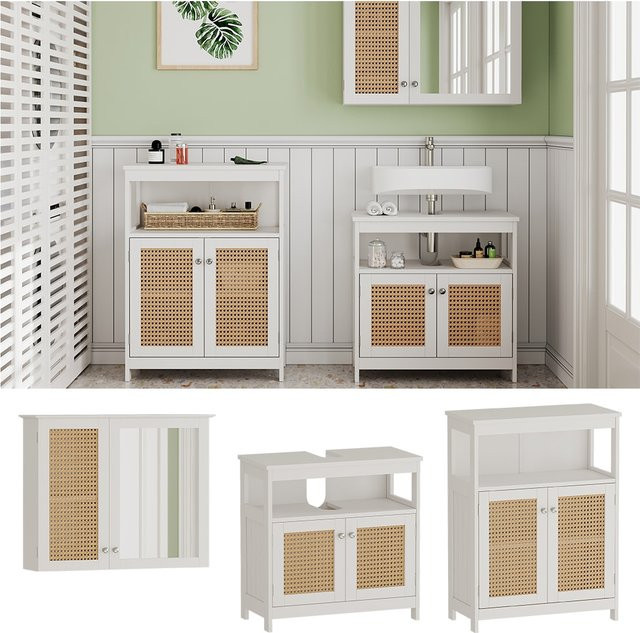 Vicco Badmöbel-Set Rosario in Weiß mit Spiegelschrank, Waschtischunterschrank und Sideboard aus Spanplatte mit Rattangeflecht - Bild 1