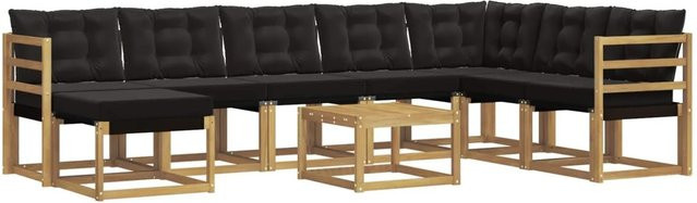 vidaXL Outdoor-Sofagarnitur 9-tlg. in L-Form mit Kissen und Couchtisch, Weiß und Schwarz, aus Akazienholz und Textilene - Bild 1